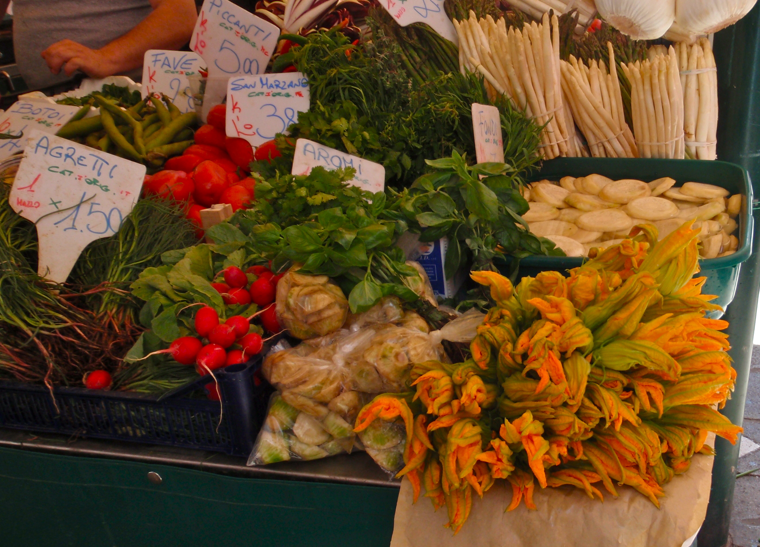 Fruit market w/ zucchini flowers