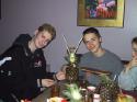 Back home and out to dinner with the Irvings.  Ross and Erik show off Boblo, the first pineapple person.