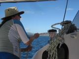 Kathy tends the jib